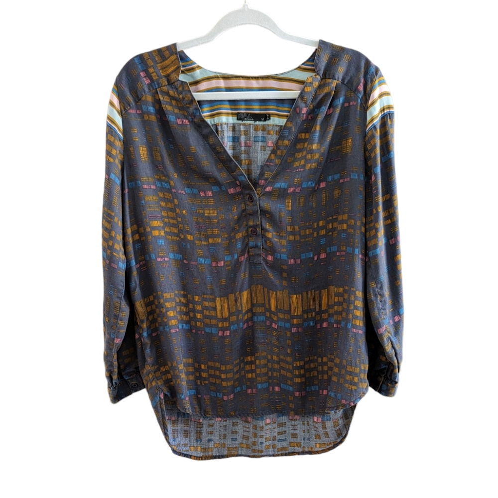 Prana Women's Elsie Long Sleeve Blouse Top Popover V neck  Size M Multicolor